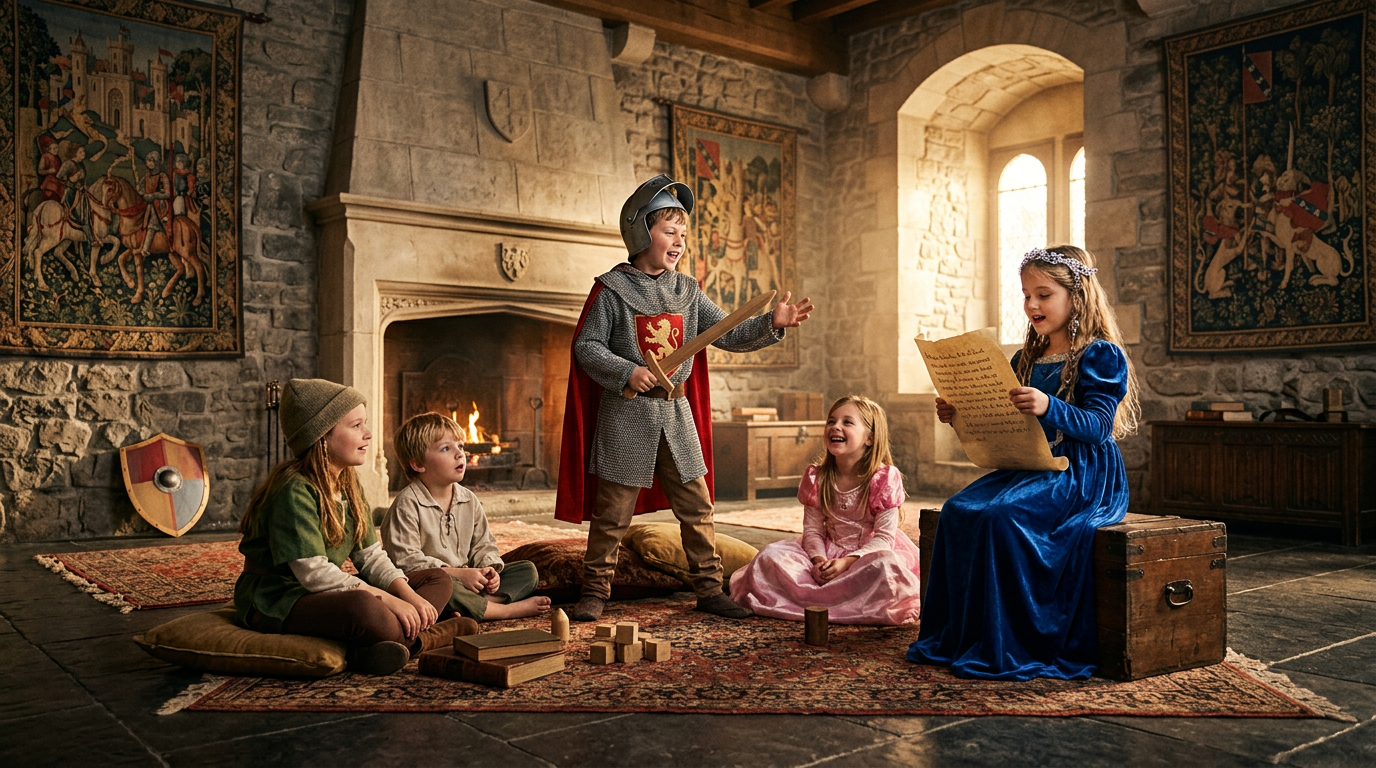 Magical castle interior with happy children